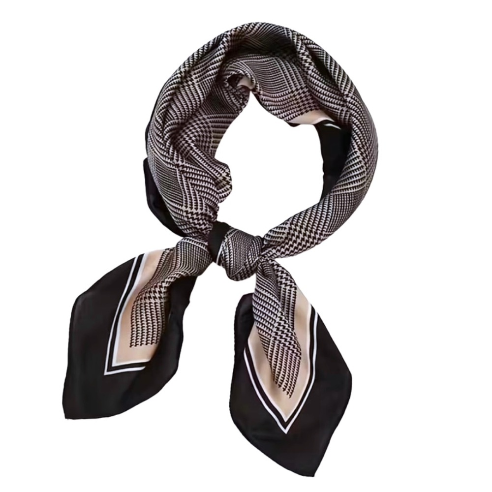 2/$30 Houndstooth Square Neck Handbag Wrap Scarf Soft Silky Satin Black Tan